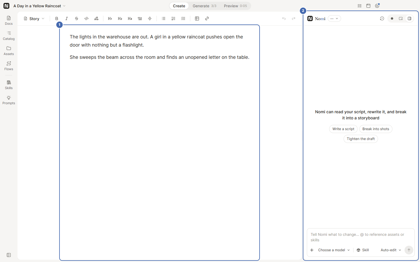 The Create page: editor and the Agent panel on the right