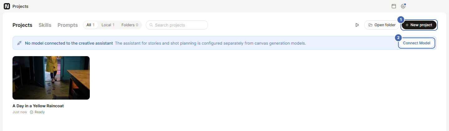 The project library: the New project button and the connect-model banner