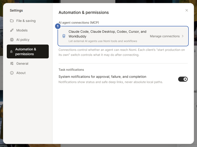 Settings, Automation & permissions: AI agent connections (MCP)