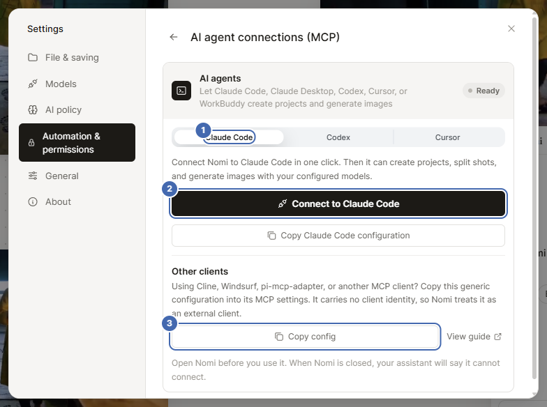 The AI agent connection card: switch assistant, connect, copy configuration