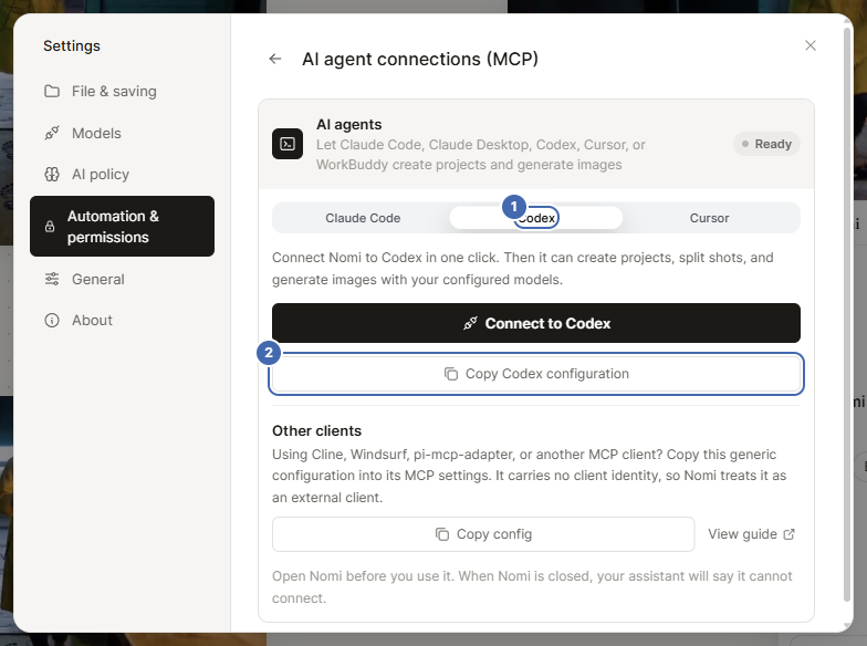Codex selected: connect and copy configuration