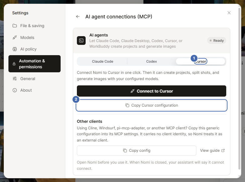 Cursor selected: connect and copy configuration