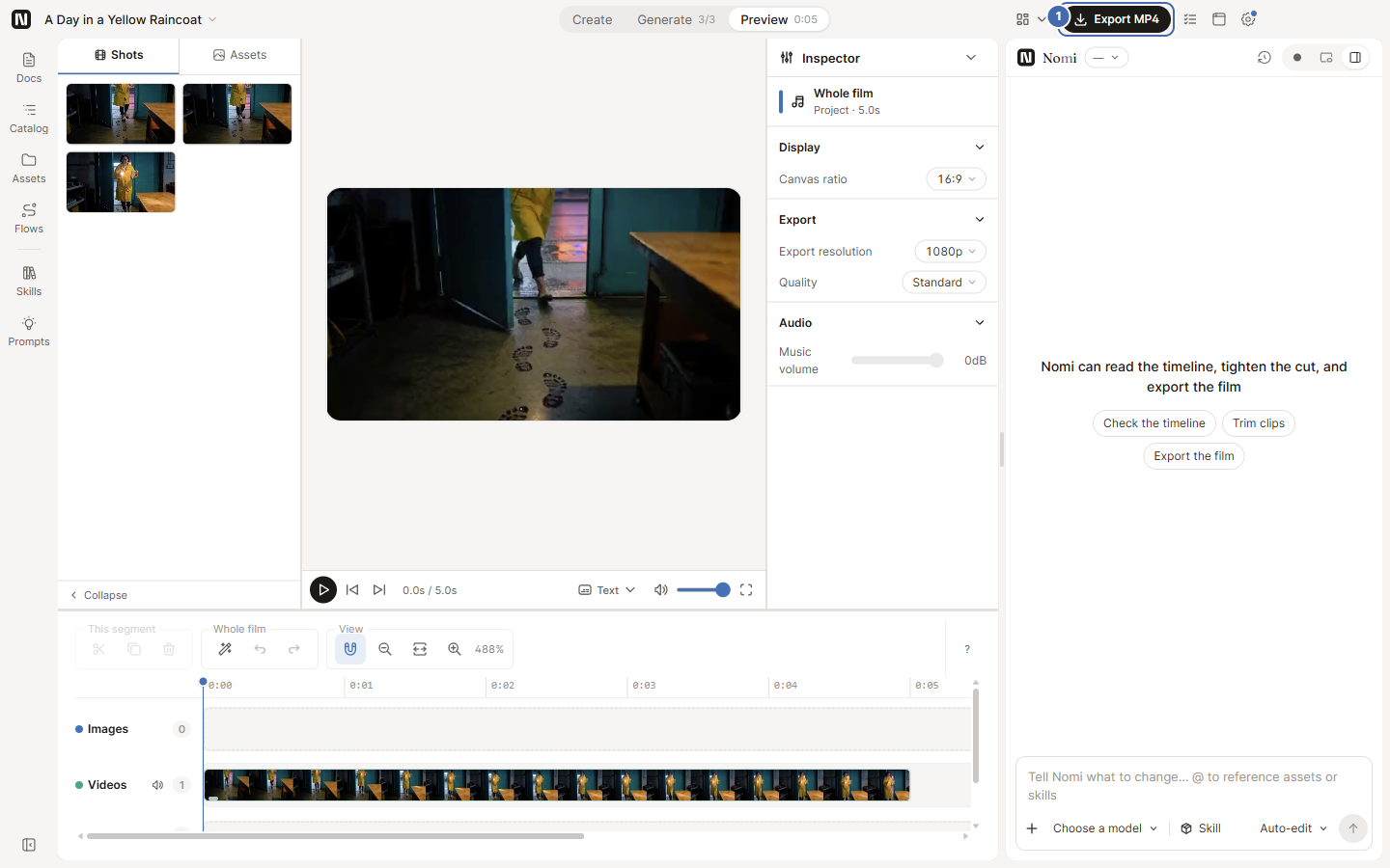 The Preview page: timeline and the Export MP4 button