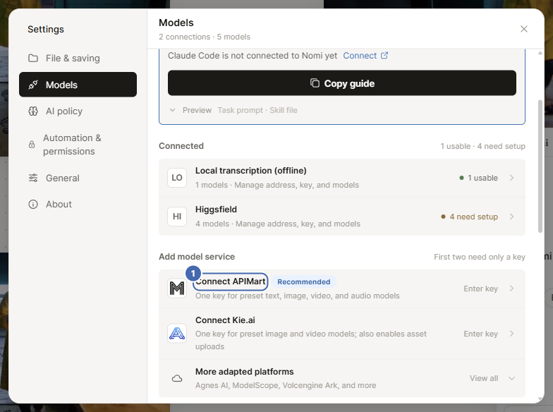 Settings, Models page: Connect APIMart